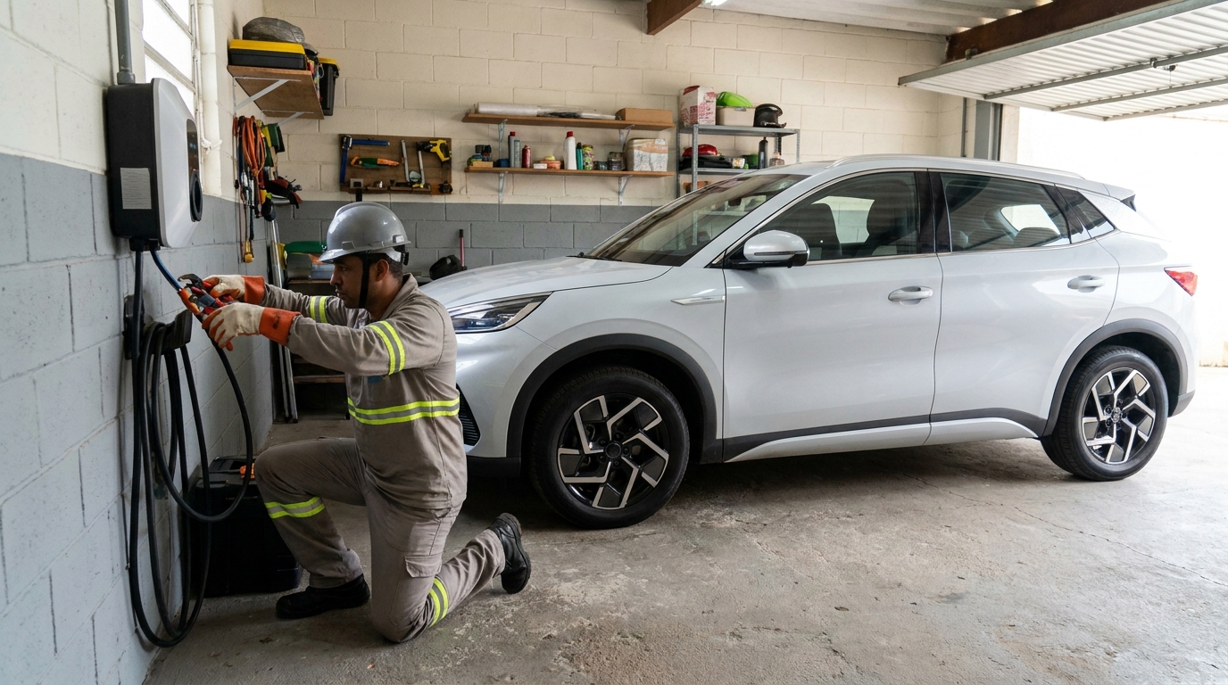 Eletricista instalando carregador de carro eletrico em João Pessoa‑PB