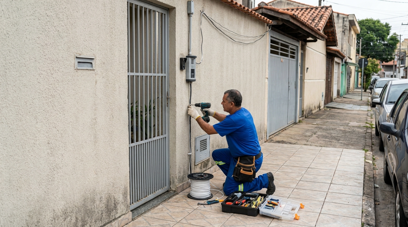 Eletricista instalando interfone em João Pessoa‑PB