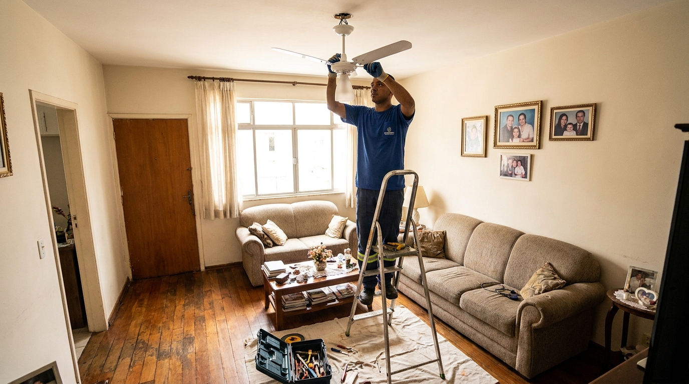 Eletricista instalando ventilador de teto em João Pessoa‑PB